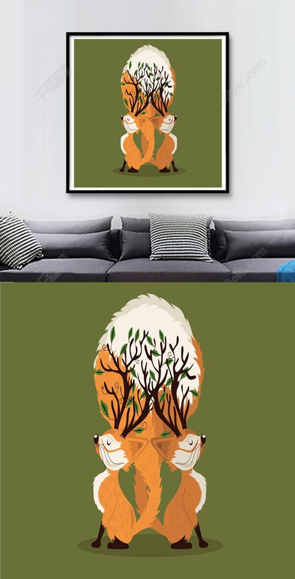 方图墨绿背景卡通松鼠手绘客厅装饰画