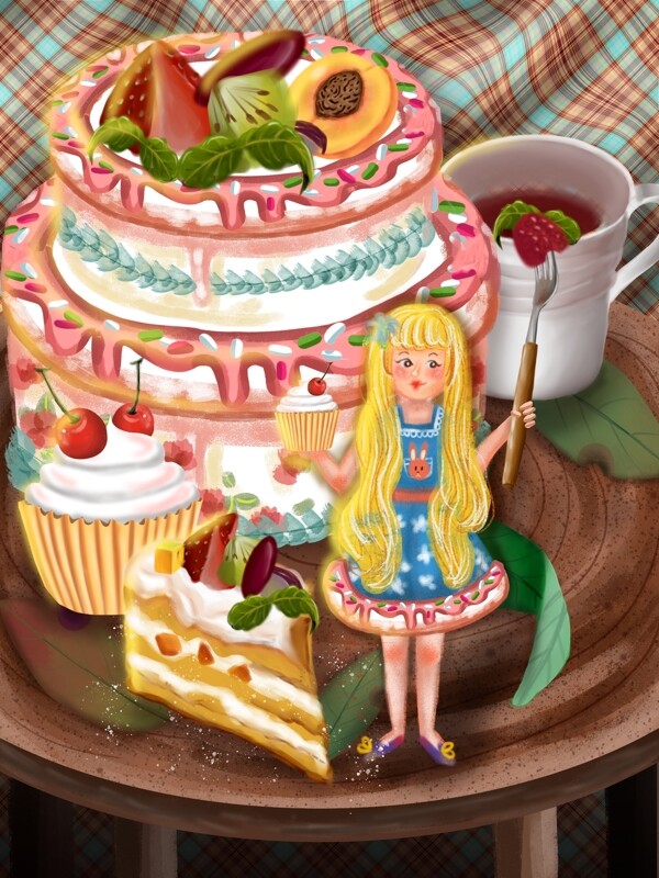 美食可爱卡通吃货节蛋糕甜点小女孩红茶水果