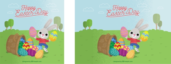 复古背景与复活节兔子和五颜六色的鸡蛋