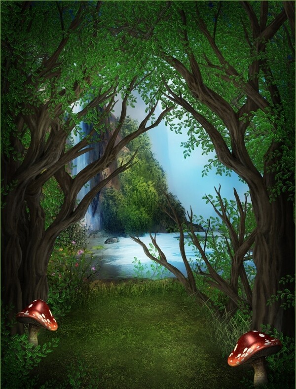 梦幻森林小路蘑菇瀑布图片