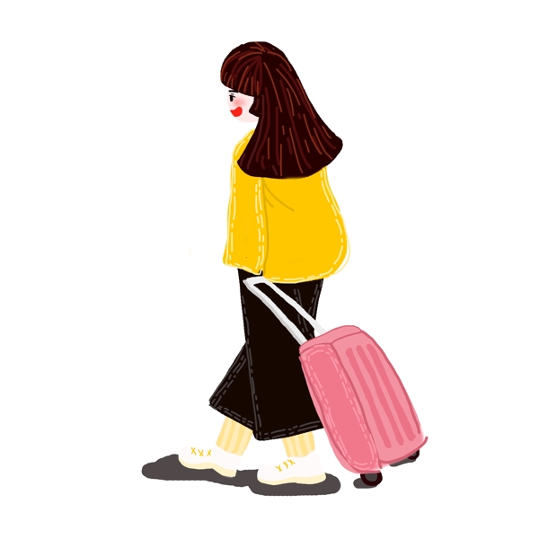 复古手绘拉着行李箱的女人
