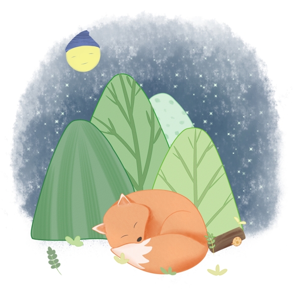 大树旁睡着的小狐狸手绘图片