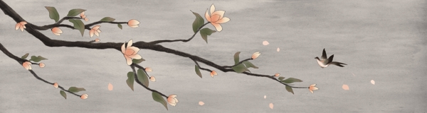 新中式手绘玉兰花鸟装饰画图片