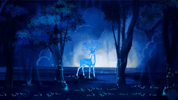 唯美梦幻创意手绘治愈系森林与鹿插画