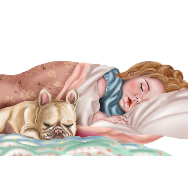 手绘睡觉的宝宝和沙皮狗