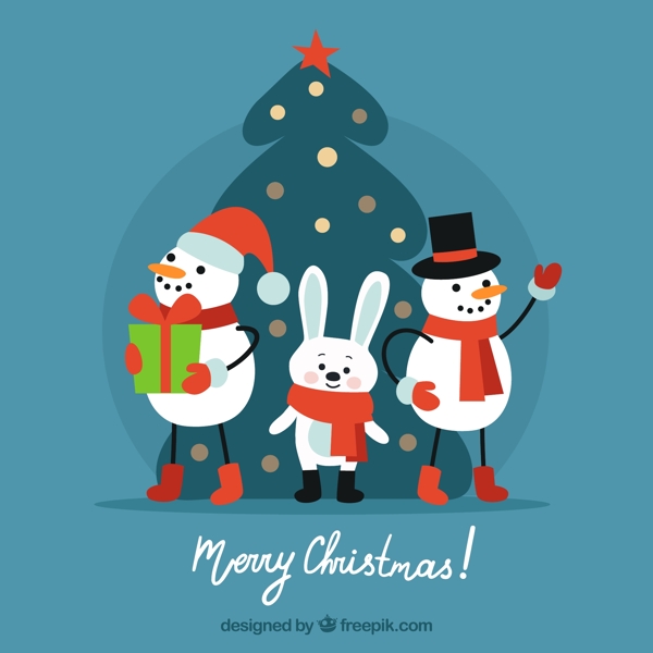 可爱圣诞雪人和兔子矢量素材