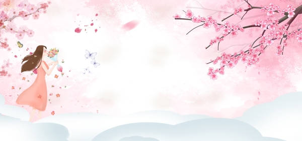 桃花节梦幻女生手绘几何白云粉banner