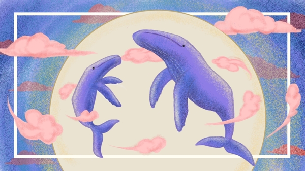 简约清新鲸鱼母子嬉戏场景插画