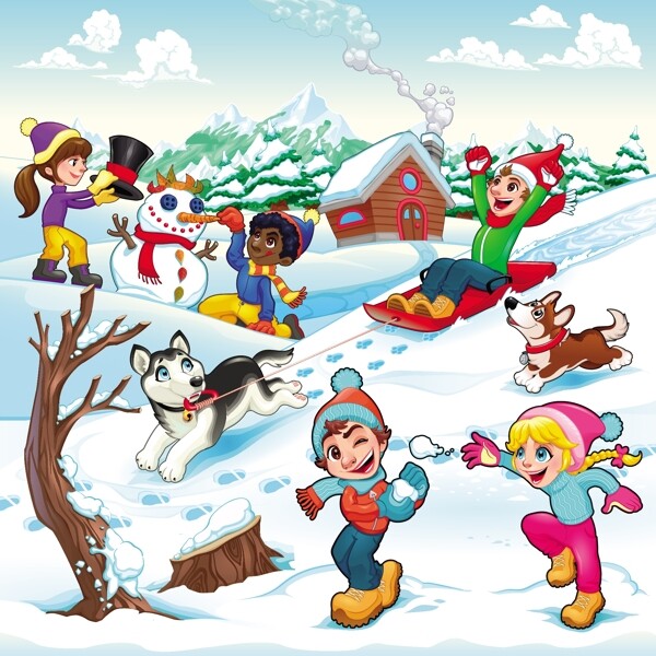 有趣的冬景与孩子和狗的卡通插画矢量图