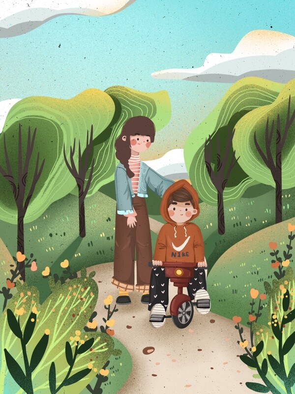 低碳出行妈妈陪孩子骑车温馨可爱小清新插画