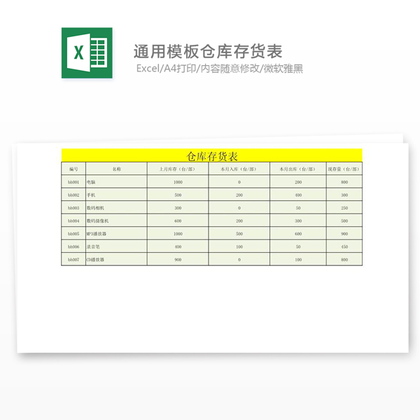 通用模板仓库存货表