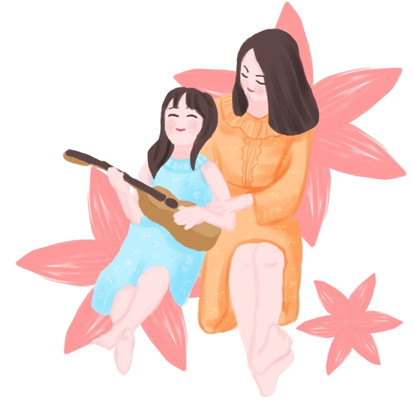 温馨弹吉他的女孩母女时光简约插画