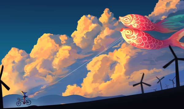 天空锦鲤旗日系插画背景海报素材图片