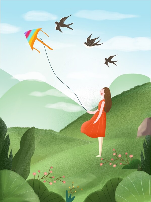 原创手绘插画少女踏青放风筝背景设计