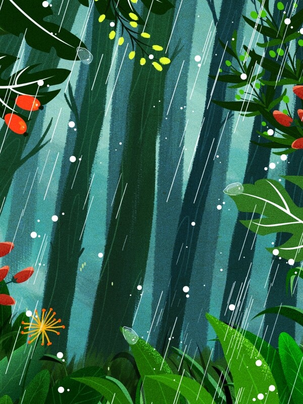 彩绘二十四节气雨水丛林背景设计
