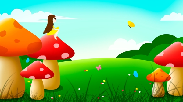 卡通童话蘑菇女孩风景插画