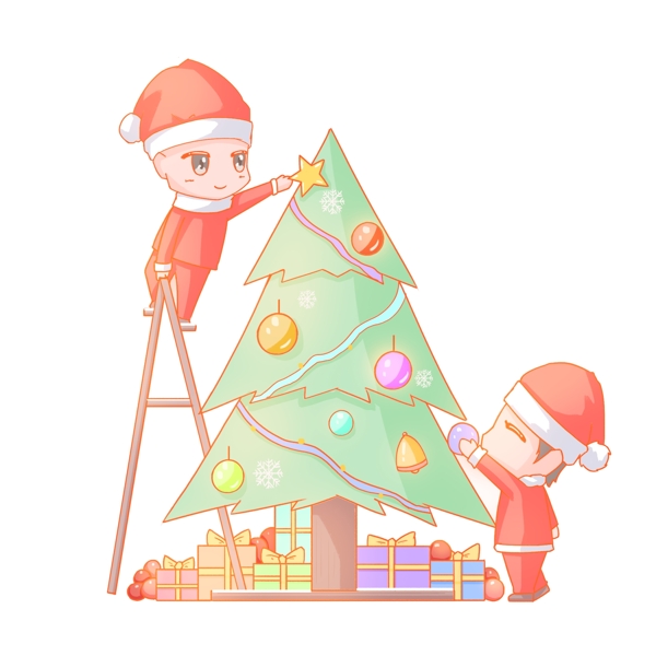 圣诞节卡通手绘人物装饰圣诞树免扣PNG