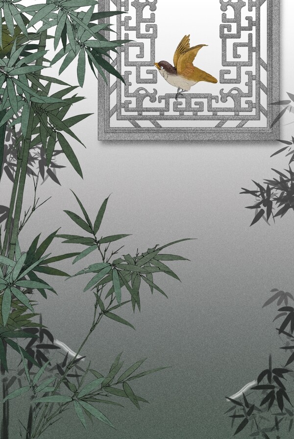 复古中国风工笔竹林框景图背景海报