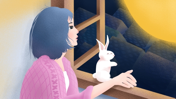 原创手绘插画中秋前窗前女孩与兔子望月