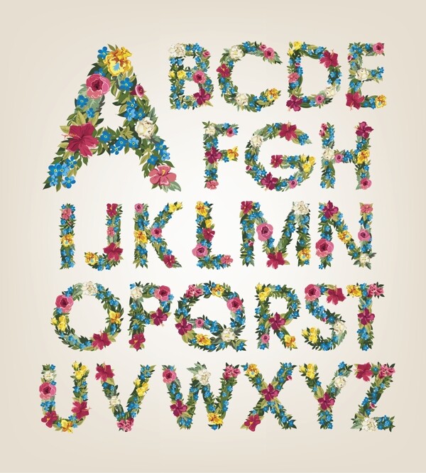 彩色花朵字母艺术字体矢量素材