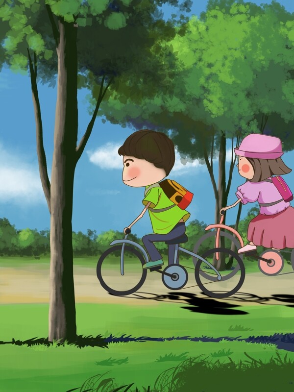 小清新旅行骑单车插画