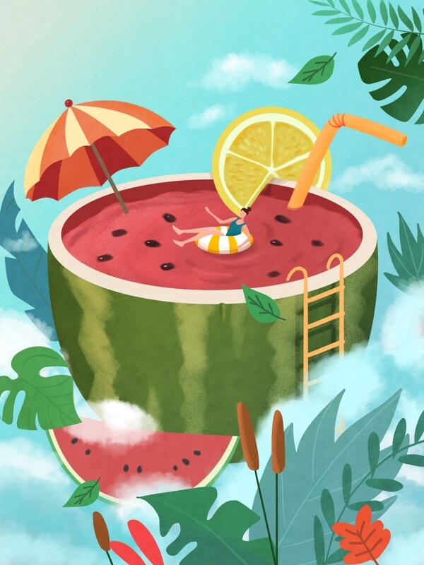 水果小清新扁平创意西瓜柠檬插画手机插图