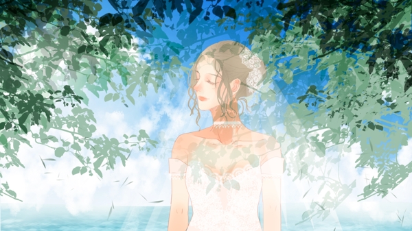 清新浪漫夏日蓝天白云树荫下穿着婚纱的新娘