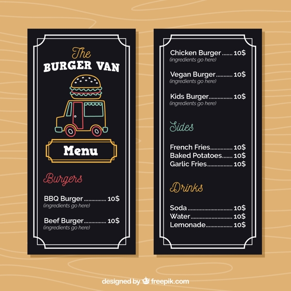 汉堡食品车菜单