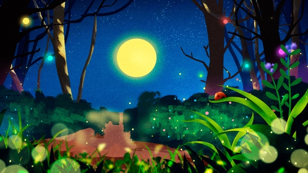 夜晚手绘树林插画背景