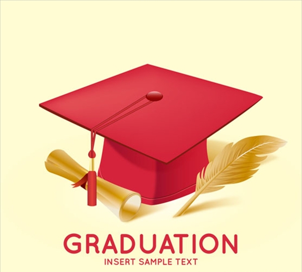 红色毕业帽和金色毕业证书
