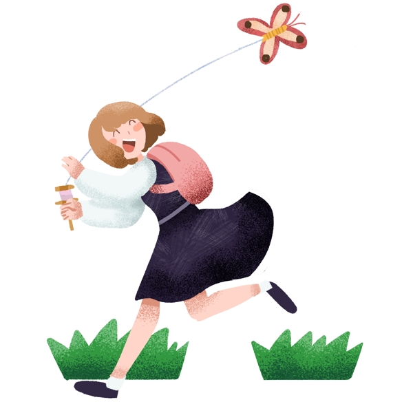 春季踏青放风筝的小女孩插画