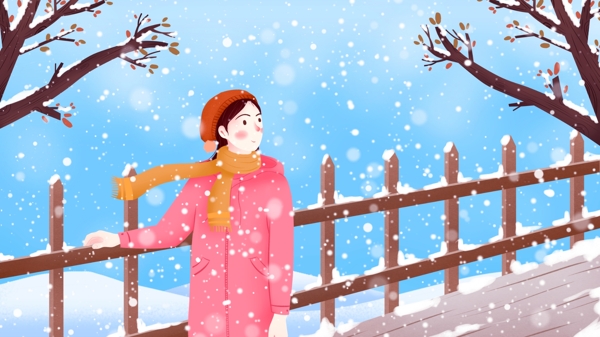 小雪小寒节气冬季女孩插画