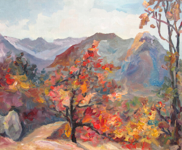 秋天的山坡油画图片