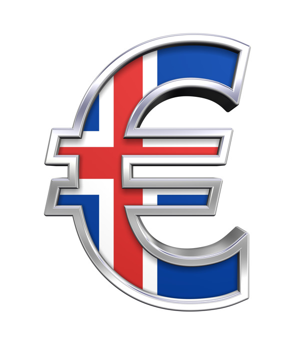 冰岛国旗上分离的银白色的欧元符号