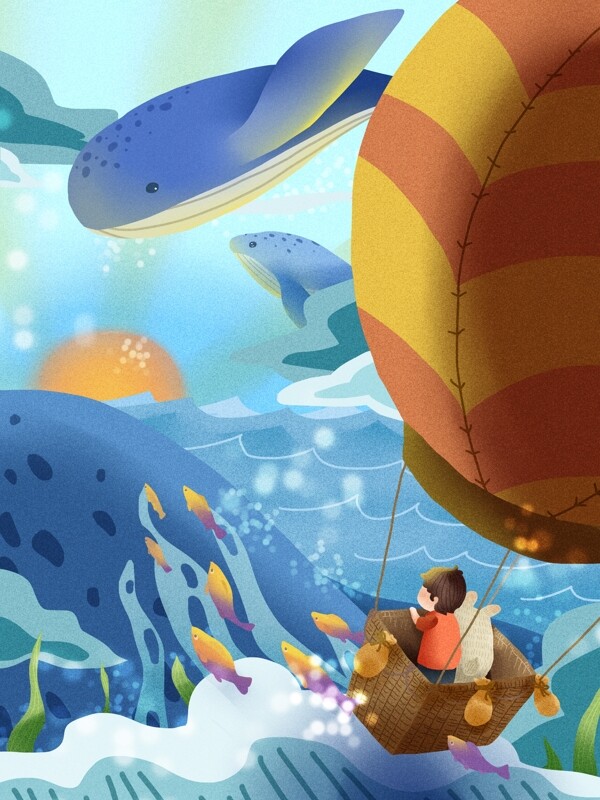 海蓝时遇见鲸之天空热气球男孩兔兔遇到鲸