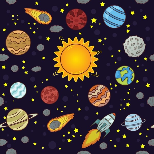手绘各种太空星球火箭装饰图案背景