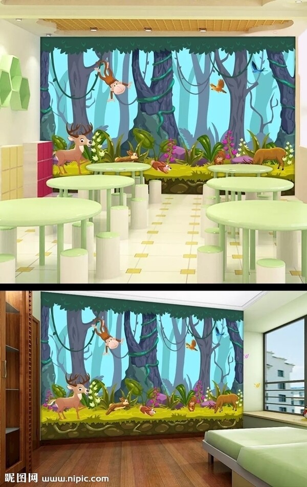 卡通手绘森林动物背景墙
