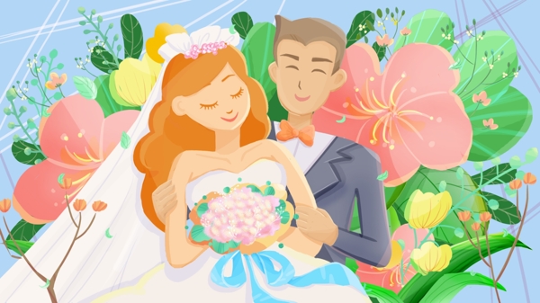 结婚幸福的新娘和新郎花朵卡通背景