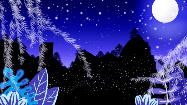 蓝色天空下的彩色树叶月亮卡通背景