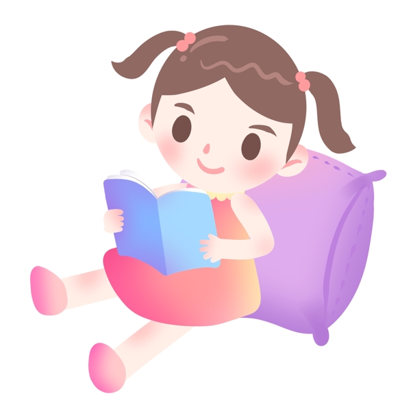 靠在枕头上看书的小女孩