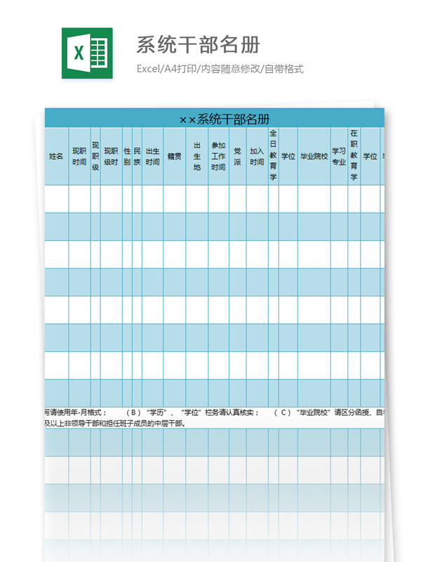 系统干部名册excel模板