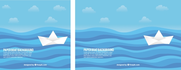 蓝色波浪背景与纸船平面设计插图