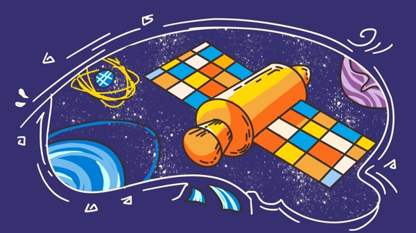 科技未来探索宇宙卫星星球撞色线稿手绘插画