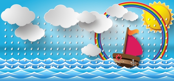 淘宝卡通帆船和彩虹剪贴画矢量海报背景