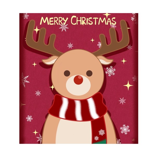 手绘圣诞节邮票卡通驯鹿雪花红色贴纸可商用