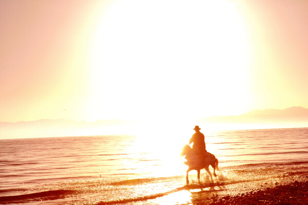朝阳下的骑马人