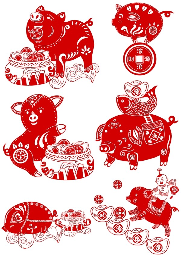 卡通手绘猪年剪纸春节