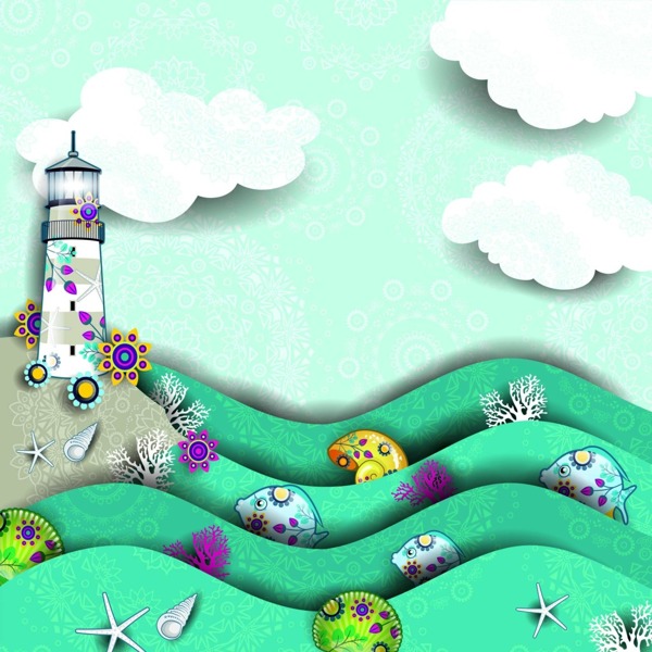 趣味卡通创意海边灯塔插画