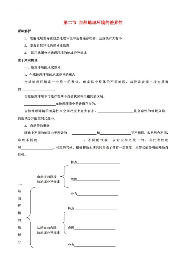 地理人教版广东省深圳市高中5.2自然环境的差异性学案无答案必修1