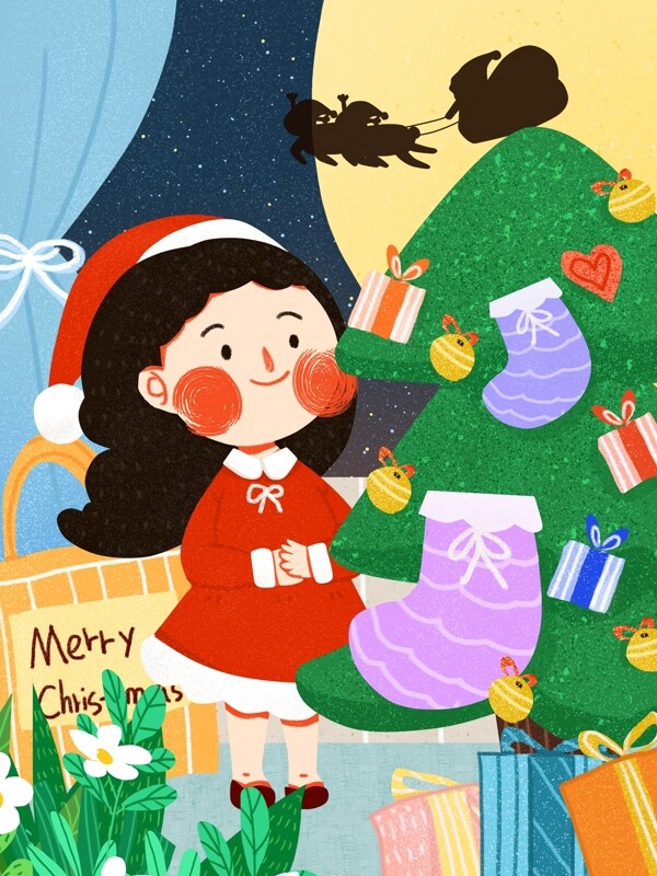 圣诞节小女孩可爱简约扁平原创插画
